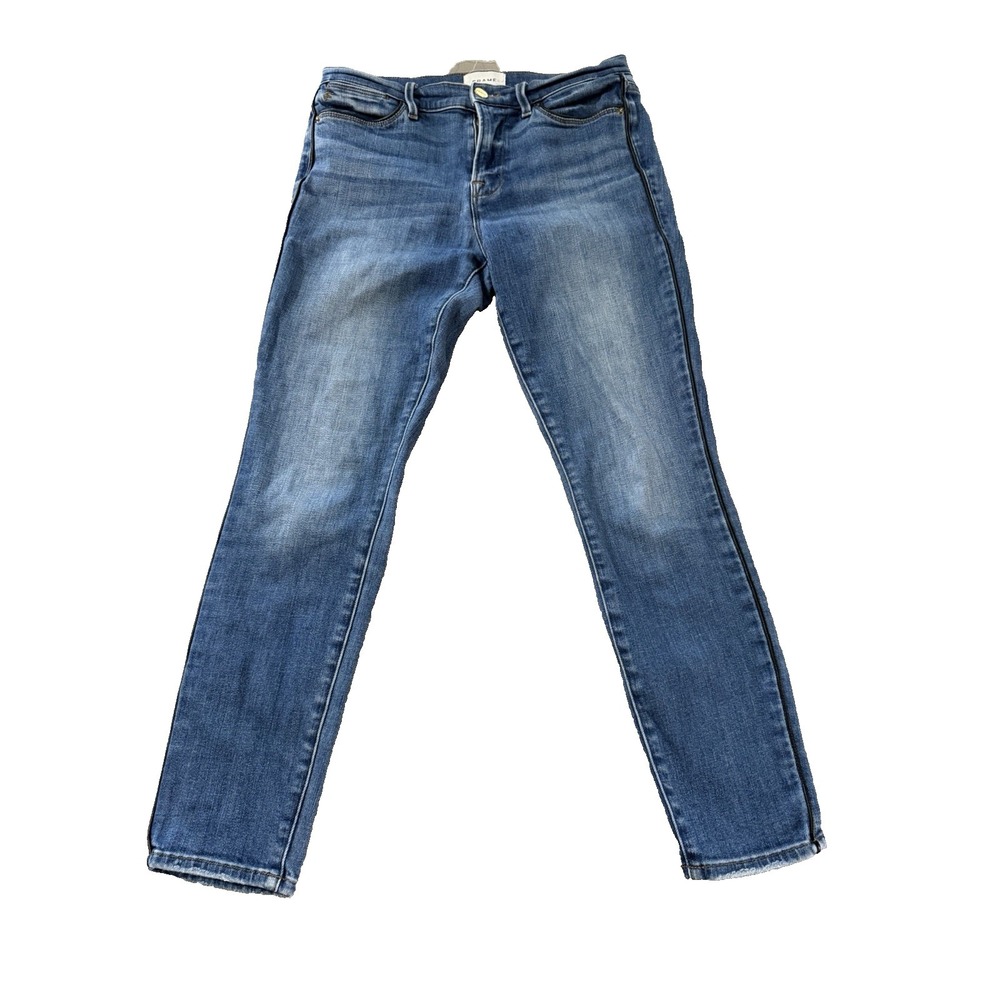 Frame Le High Skinny Medium Wash Black Leather Lined Jeans Size‎ 28